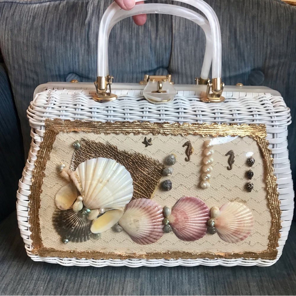Vintage lucite and wicker seashell handbag